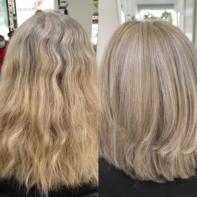 antes y después de cabello rubio de una mujer
