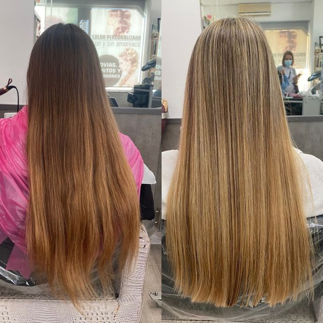 antes y después de unas mechas en el cabello de una mujer