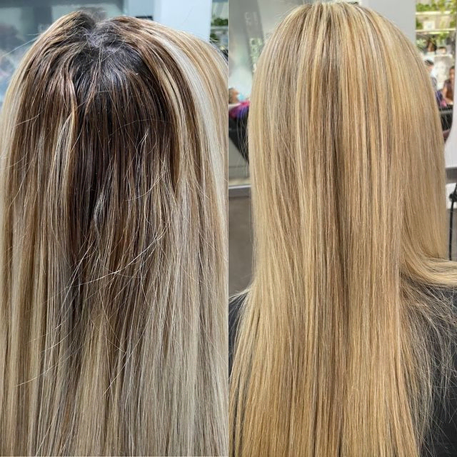 antes y después de un cabello rubio de una mujer